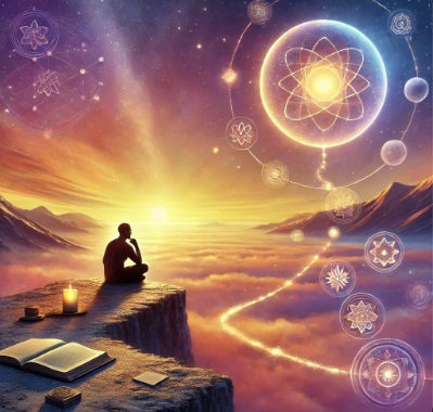 Een persoon die kritisch nadenkt over spirituele leringen in een rustige, reflectieve omgeving.